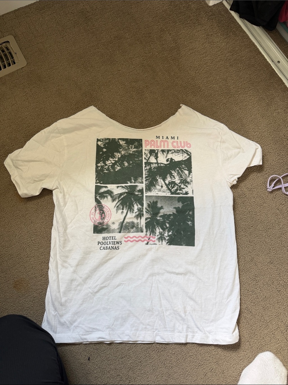 Off the shoulder Miami Palm Club Graphic Tee - White with Green & Pink Print